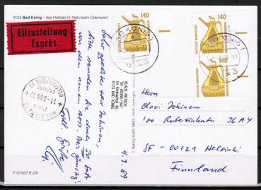 Bund 1401 als portoger. MeF mit 3x 140 Pf SWK aus Bogen mit Rndern auf Auslands-Eil-Postkarte vom Mrz 1989 nach Finnland, AnkStpl.