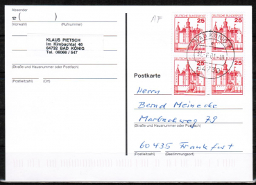 Bund 996 als portoger. MeF mit 4x 25 Pf B+S - Serie aus Rolle in alter Fluoreszenz auf Inlands-Postkarte von 1997-2002, codiert