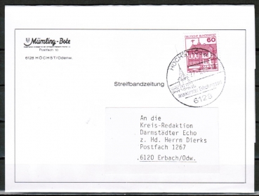 Bund 1028 als portoger. EF mit roter 60 Pf B+S - Marke aus Rolle im Letterset-Druck auf Streifbandzeitung 50-100g von 1988