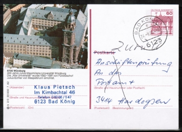 Bund 1028 als Bild-GA-Pk mit eingedruckter Marke rote 60 Pf B+S - Serie - portoger. als Einzel-Anschriftenprfungs-Postkarte 1985 gelaufen