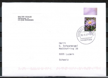 Bund 2463 als portoger. EF mit 50 Cent Blumen / Aster aus Bogen mit Rand auf B-Brief von 2007-2010 von Bsingen in die Schweiz, codiert