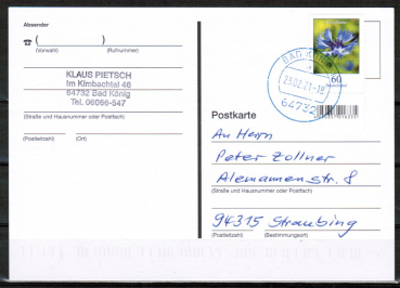 Bund 3468 als portoger. EF mit 60 Cent Blumen / Kornblume aus Rolle mit Scancode auf Inlands-Postkarte von 2019-2021, codiert