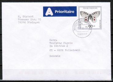 Bund 1517 als portoger. EF mit 90 Pf Jugend 1991 auf A-Brief vom ZAG Bsingen von 1993-1995 in die Schweiz, codiert