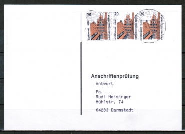 Bund 2224 MeF mit 3x 20 Pf / 0,10  SWK aus Bogen auf Sammel-Anschriftenprfungs-Postkarte