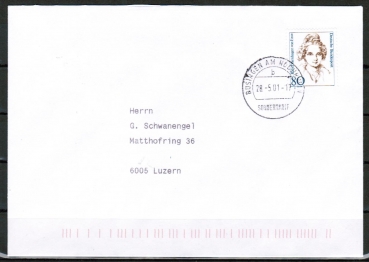 Bund 1755 als portoger. EF mit 80 Pf von Ense auf Bsingen-Brief von 1996-2002 in die Schweiz, codiert