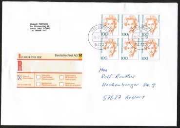 Bund 1955 als portoger. MeF mit 6x 100 Pf Elisabeth Schwarzhaupt auf Inlands-Einwurf-Einschreibe-Brief 14x20 cm von 1998
