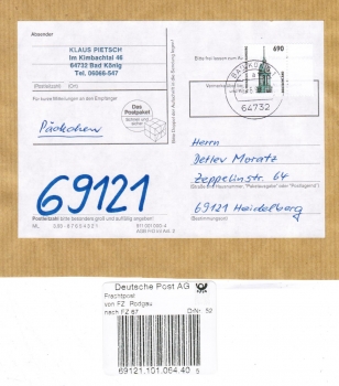 Bund 1860 als portoger. EF mit 690 Pf SWK aus Bogen mit Seitenrand auf Inlands-Pckchen-Adress von 1996-2001 mit Label