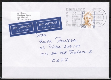 Berlin 848 als portoger. EF mit 140 Pf Fauen-Serie auf Auslands-Brief bis 20g von 1990 in die CSSR