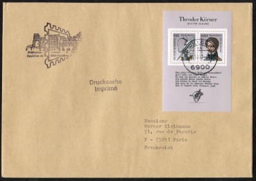 Bund 1559/1560 als portoger. Block-EF mit 60+100 Pf Krner-Block auf Auslands-Drucksache 50-100g von 1991-1993 nach Frankreich, 14x20 cm