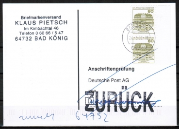 Bund 1140 als portoger. MeF mit 2x 80 Pf B+S - Serie aus Bogen mit Bogen-Rndern auf Einzel-Anschriftenprfungs-Postkarte von 1997-2002, codiert