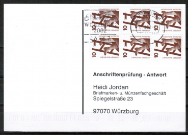 Bund 695 als portoger. MeF mit 6x 10 Pf Unfallverhtung aus Rolle auf Sammel-Anschriftenprfungs-Postkarte von 1993-2002, codiert