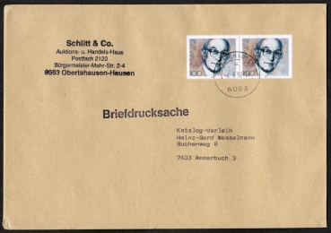 Bund 1584 als portoger. MeF mit 2x 100 Pf Martin Niemller auf Briefdrucksache 50-100g von 1992, 14x20 cm
