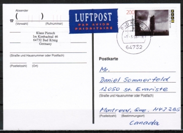 Bund 1817 als portoger. EF mit 200 Pf EZM aus Film-Block auf bersee-Luftpost-Postkarte von 1996 nach Kanada, vs. codiert