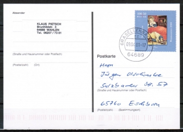 Bund 2151 als portoger. EF mit 100 Pf / 0,51  Weihnachten 2000 auf Inlands-Postkarte von 2000-2002 im Ankauf gesucht !