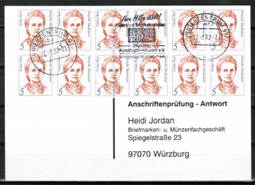 Bund 1405 als portoger. MeF mit 12x 5 Pf Frauen-Marken auf Sammel-Anschriftenprfungs-Postkarte von 1993-2002