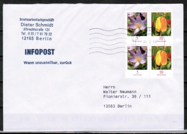 Blumen-Zdr.-4er-Block mit 5+10 Cent Blumen / Krokus / Tulpe als portoger. Zdr.-EF auf Inlands-Infopost 25/26g von 2007-2014, codiert
