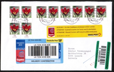 Bund 2968 als portoger. MeF mit 10x 50 Ct. Blumen aus Bogen mit Rand auf Auslands-Eilbrief 20-50g von 2013 in die Schweiz, Label