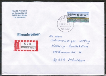 Bund ATM 2 - Nadeldruck - Marke zu 650 Pf als portoger. EF auf Inlands-Einschreibe-Brief �ber 50g von 1993-1997, B6-Format