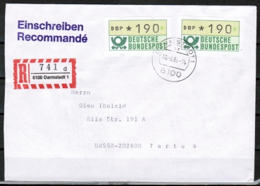 Bund ATM 1 - - 2 Marken zu 190 Pf als portoger. MeF auf Auslands-Einschreibe-Brief 20-50g von 1982-1989 in die UdSSR, AnkStpl.