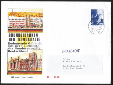 Berlin 760 als portoger. EF mit 80 Pf Gottfried Benn auf Drucksache 20-50g von 1986 im Bundesgebiet mit Bund-Stempel, rechts kl. Einriss