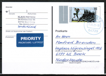 Bund 3578 als portoger. EF mit 95 Cent Rattenfnger von Hameln auf Auslands-Postkarte von 2020-heute in die Niederlande, codiert