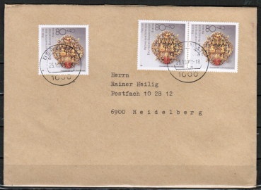 Berlin 821 als portoger. MeF mit 3x 80 Pf Wohlfahrt 1988 auf Inlands-Brief 50-100g von 1989-1991 von Berlin ins Bundesgebiet, B6-Format !