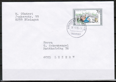 Bund 1456 als portoger. EF mit 70 Pf Jugend 1990 auf B-Brief vom ZAG Bsingen in die Schweiz von 1993-1995