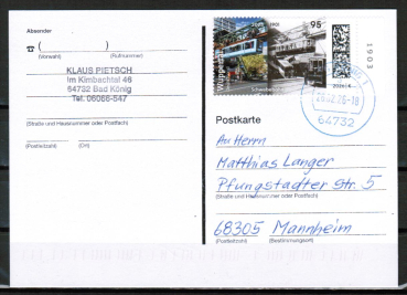 Bund 3943 als portoger. EF mit 95 Cent Wuppertal auf Inlands-Postkarte von 2026, codiert