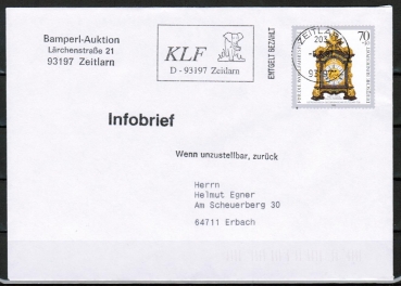 Bund 1632 als portoger. EF mit 70 Pf Wohlfahrt 1992 auf Inlands-Infobrief bis 20g von 1995-1997, codiert