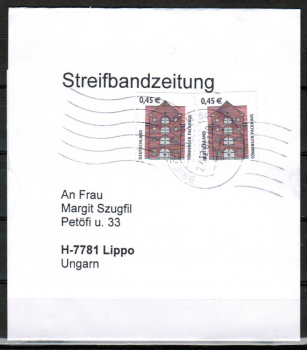 Bund 2299 Skl. o.g. (Mi. 2303) als portoger. MeF mit 2x 0,45  SWK oben geschnitten als Skl.-Marken auf Europa-Streifbandzeitung bis 50g nach Ungarn