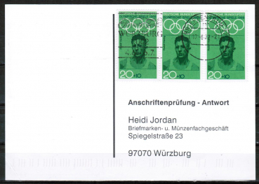Bund 562 als portoger. MeF mit 3x 20 Pf Olympiade 1968 auf Sammel-Anschriftenprfungs-Postkarte von 1993-2002, codiert