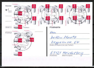 Bund 2964 als portoger. MeF mit 15x 3 Cent Ergnzungsmarke aus Rolle auf Inlands-Postkarte von 2012-2019, codiert