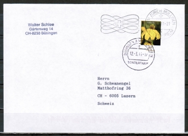 Bund 2524 Skl. (Mi. 2715) als portoger. EF mit 65 Cent Blumen als Skl.-Marke auf B-Brief vom ZAG Bsingen in die Schweiz mit zustzl. MaschStpl., codiert