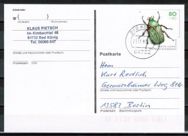 Bund 1667 als portoger. EF mit 80 Pf Jugend 1993 / Rosenkfer auf Inlands-Postkarte von 1993 mit 5-stelliger Postleitzahl, codiert