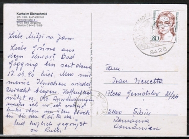 Bund 1305 als portoger. EF mit 80 Pf Clara Schumann auf Auslands-Postkarte von 1989-1991 nach Rumnien, AnkStpl.