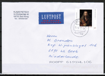 Bund 2531 als portoger. EF mit 145 Cent Albrecht Drer auf Auslands-Brief 20-50g von 2011-2012 in die Niederlande, codiert