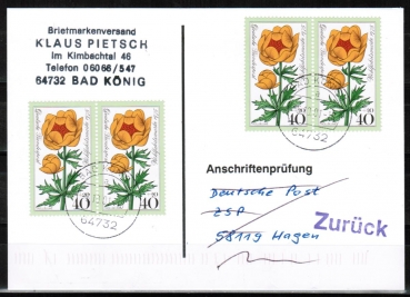 Bund 868 als portoger. MeF mit 4x 40 Pf Wohlfahrt 1975 auf Einzel-Anschriftenprfungs-Postkarte von 1997-2002, codiert