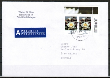 Bund 3303 als portoger. MeF mit 2x 45 Cent Blumen Seerose aus Bogen mit Bogen-Rand auf A-Brief vom ZAG Bsingen von 2017-2019 in die Schweiz