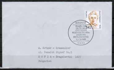 Berlin 848 als portoger. EF mit 140 Pf Frauen-Serie auf Auslands-Brief bis 20g mit ESST vom August 1989 nach Bulgarien, AnkStpl.