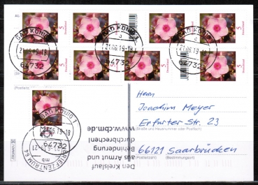 Bund 3296 als portoger.. MeF mit 9x 5 Cent Blumen / Phlox aus Rolle auf Inlands-Postkarte von 2017-2019 mit zustzlichem MaWSt., codiert