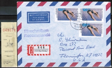 Bund 1355 als portoger. MeF mit 3x 120 Pf Sport 1988 auf Luftpost-Einschreibe-Brief 5-10g vom Januar 1989 in die USA / Claim-Check