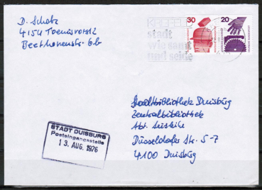 Bund 698+696 o.g. als portoger. Zdr.-EF mit Zdr. 30+20 Pf oben geschnitten aus Markenheftchen auf Inlands-Brief bis 20g von 1974-1978