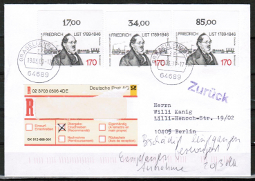Bund 1429 als portoger. MeF mit 3x 170 Pf Friedrich List auf Inlands-bergabe-Einschreib-Brief bis 20g von 1997-2002, codiert