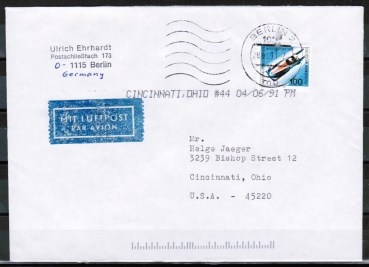Bund 1496 als portoger. EF mit 100 Pf Bob-WM EZM aus Block 23 auf VGO-Luftpost-Brief bis 10g vom Mrz 1991 in die USA, codiert