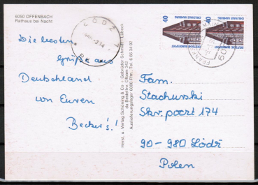 Bund 1379 als portoger. MeF mit 2x 40 Pf SWK aus Rolle auf Ausl.-Postkarte von 1989-1991 nach Polen, AnkStpl.