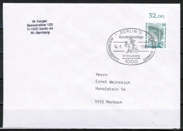 Berlin 796 als portoger. EF mit 80 Pf SWK als Oberrand-Bogenmarke auf Brief bis 20g mit SST von 1988 ins Bundesgebiet