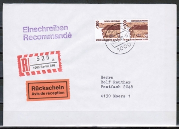 Berlin 799 als portoger. MeF mit 2x 300 Pf SWK aus Rolle auf Einschreibe-Rckschein-Brief bis 20g von 1989-1991 ins Bundesgebiet