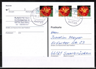 Bund 2471 als portoger. MeF mit 3x 20 Cent Blumen / Tagetes aus Rolle auf Inlands-Postkarte von 2019-2021, codiert
