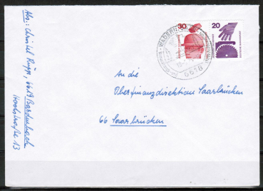 Bund 698+696 u.g. als portoger. Zdr.-EF mit Zdr. 30+20 Pf unten geschnitten aus Markenheftchen auf Inlands-Brief bis 20g von 1974-1978