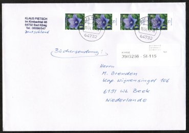Bund 2835 als portoger. MeF mit 4x 75 Ct. Blumen aus Rolle auf Auslands-Bchersendung 14x20 cm von 2011-2014 in die Niederlande, Label